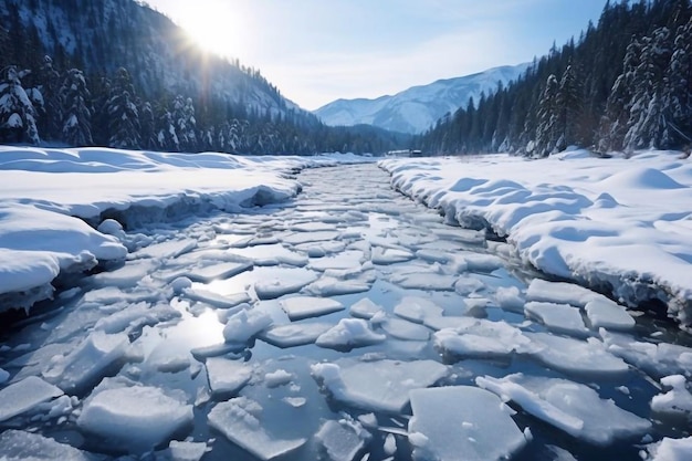 Cracks on the surface of the blue ice Frozen lake in winter mountains It is snowing The hills of