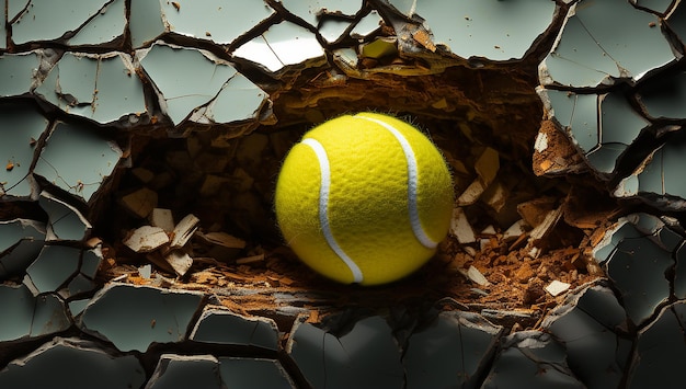 _Crackshot overwinning tennisbal breekt door een gebarsten muur_