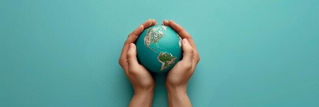 Photo cradling earth hands on blue background