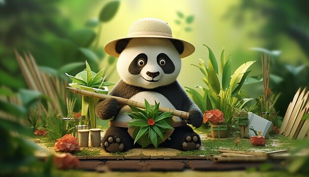 Craft a 3D panda with a sun hat and gardening tools surrounded by tiny potted plants This design is ideal for nature lovers with a green thumb