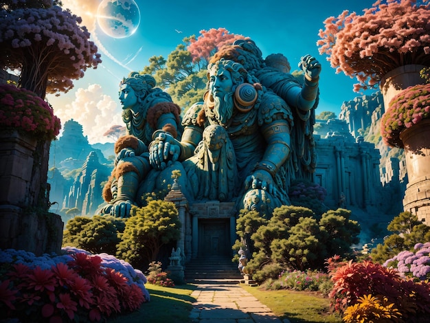 Photo craft an ancient temple nestled among alien flora on a distant planet with colossal statues resembl