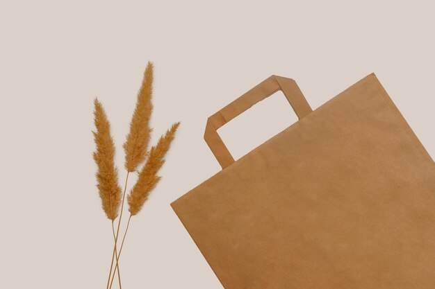 Craft bag and cane The concept of natural products On a gray background