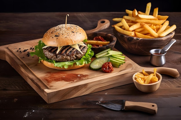 Craft beef burger en frietjes op houten tafel geïsoleerd op zwarte achtergrond neuraal netwerk ai