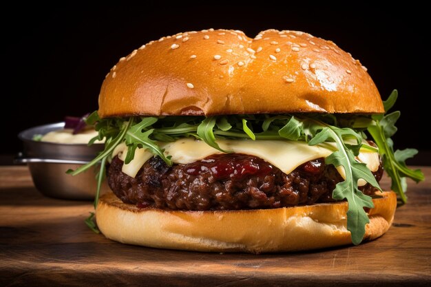 Craft beef burger with cheese and rocket leafs on wood table