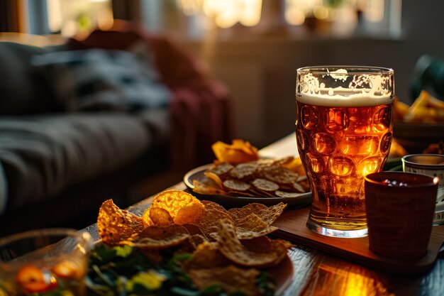 Craft Beer and Snacks on Wooden Table at Dusk