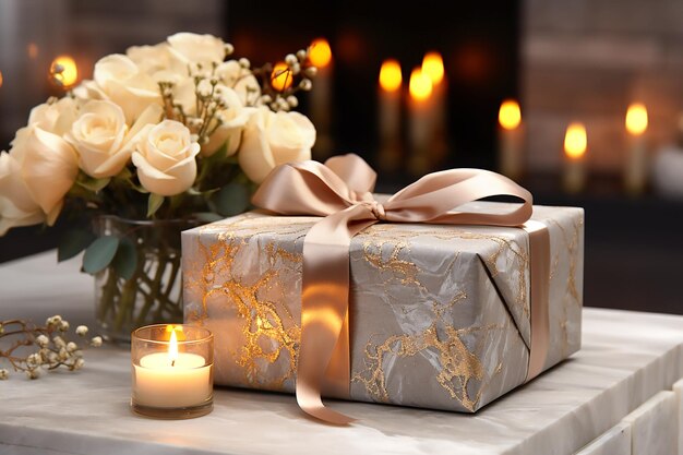 Craft beige gift box with beige bow roses and candles in interior Generative AI