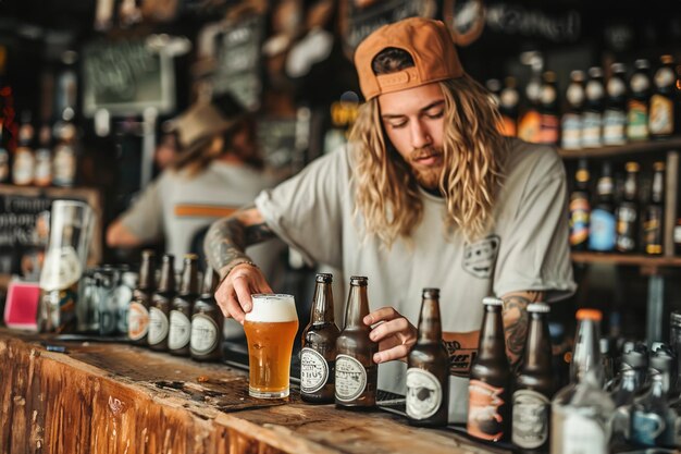 A craft brewery variety of craft beers growlers and brewery merchandise neatly arranged on wooden sh