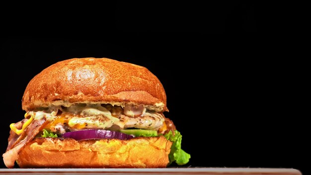 Craft burger kookt op zwarte achtergrond