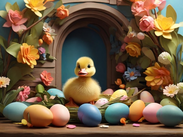 Craft a captivating 3D Easter scene a cheerful duckling explores a garden with brightly colored East