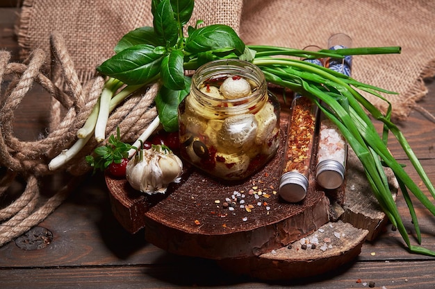 Craft cheese in a jar with brine and herbs