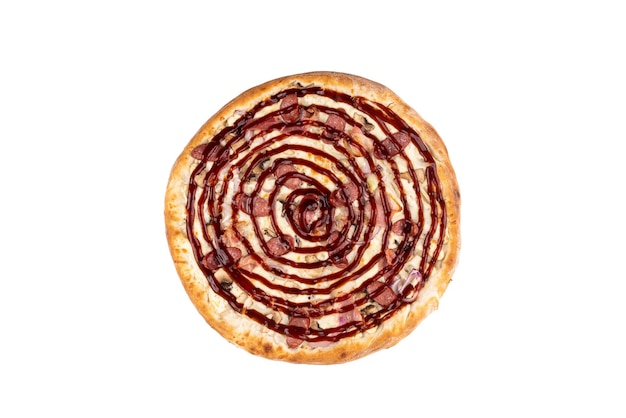 Craft delicious pizza on a white background Top view Isolated