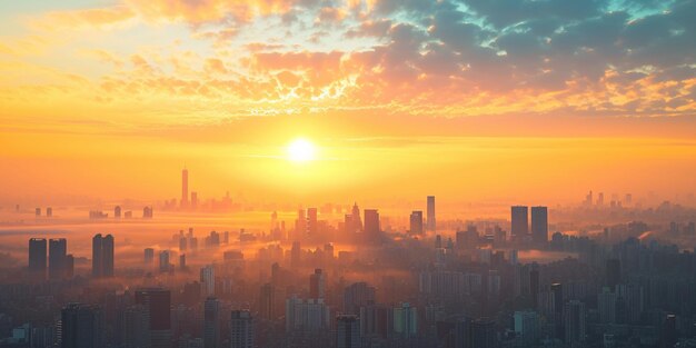 Craft a digital sunrise over a city skyline with technological elements