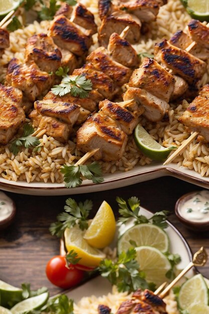 Craft an enticing image of a Chicken Sheesh Tawook dish that tantalizes the senses