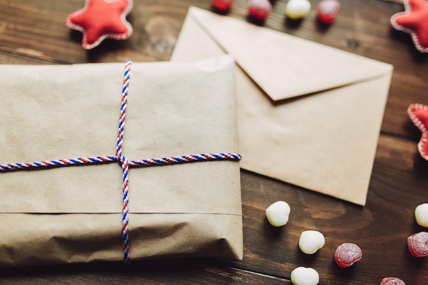 Craft envelope on the wooden table