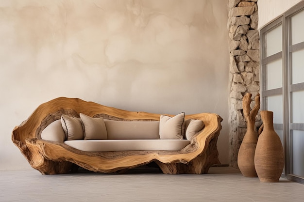 Craft furniture brown sofa in rustic style of tree trunk next to an empty beige wall with copy space