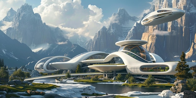 Craft a futuristic transportation hub with highspeed trains and hovercraft