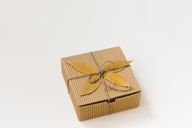 Craft gift box, tied with string with a bow and autumn fallen leaves on a beige background