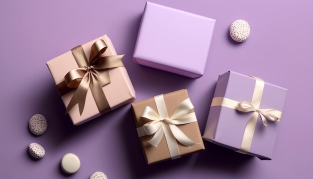 Craft gift boxes on lilac background Flat lay mockup Ai generative