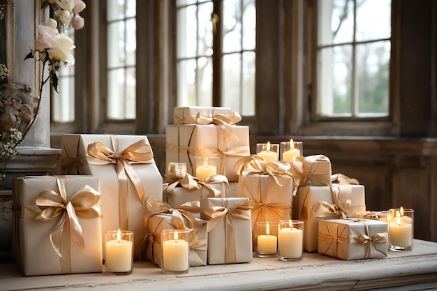 Craft gift boxes with beige bows in white antique interior Generative AI