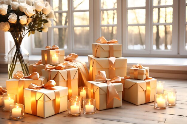 Craft gift boxes with orange bows white roses and candles in interior with view outside the window G