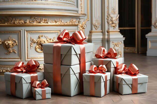 Craft gift boxes with red bows in antique interior Generative AI