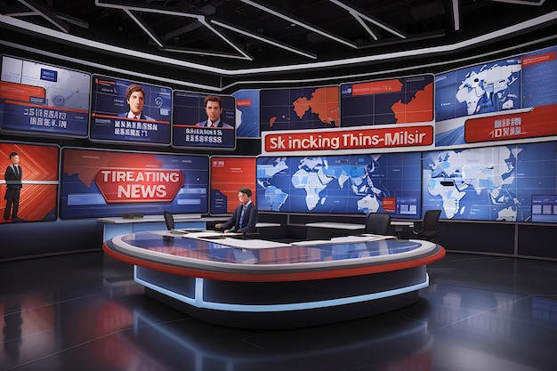 Craft a hightech news set with floating illuminated panels showcasing breaking news graphics