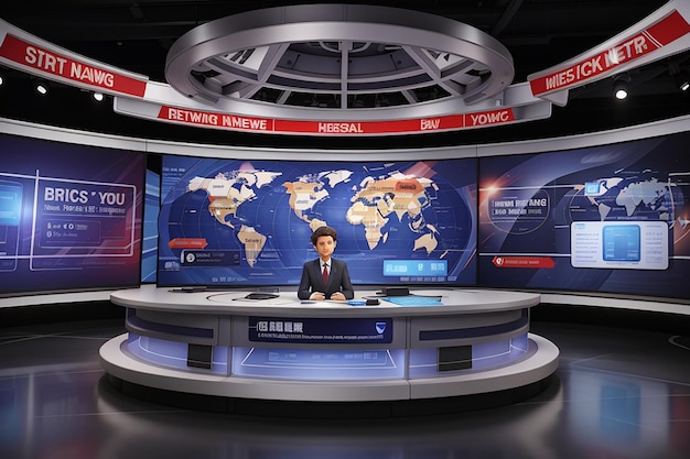 Photo craft a hightech news set with floating illuminated panels showcasing breaking news graphics