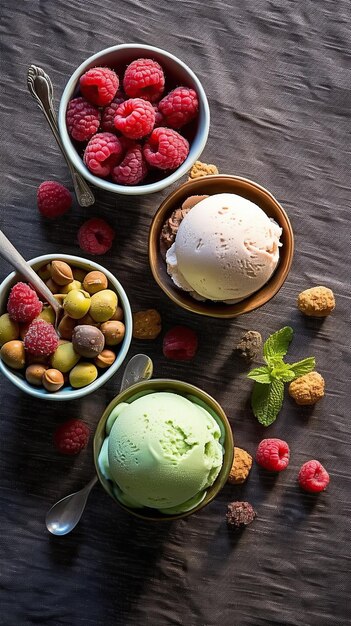 Photo craft ice cream or ice cream made with fresh berries macarons coffee beans pistachios and chocolate