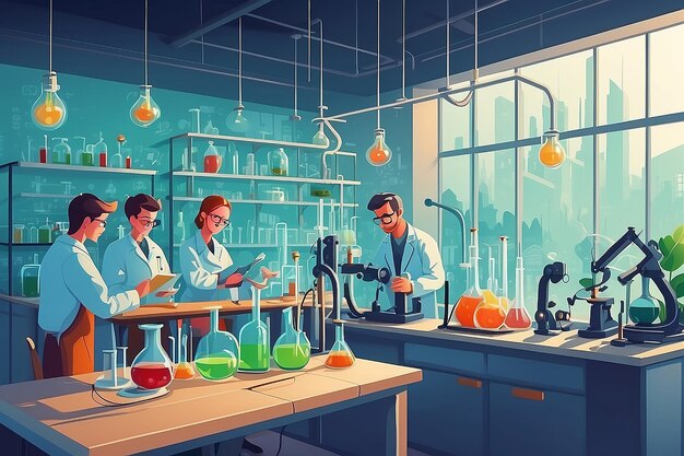 Craft an image of a chemistry lab with students researching sustainable energy solutions vector illustration in flat style