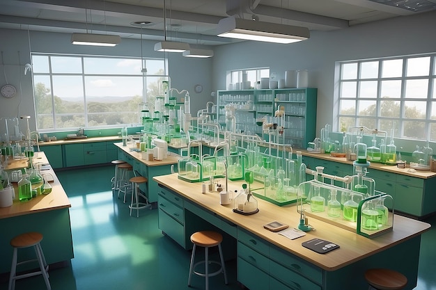 Сделайте изображение химической лаборатории со студентами, исследующими устойчивые энергетические решения