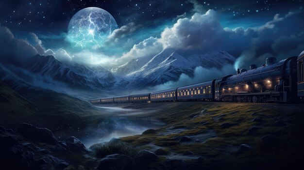 Photo craft an image of a majestic train its lights reflecting stars journeying through a mystical lands