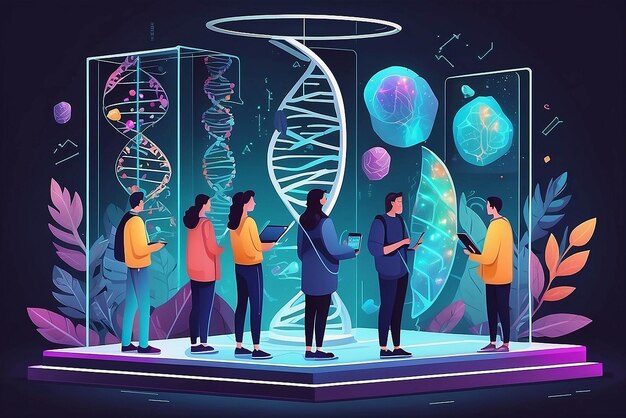 Craft an image of students using holographic displays to explore the mysteries of the human genome vector illustration in flat style