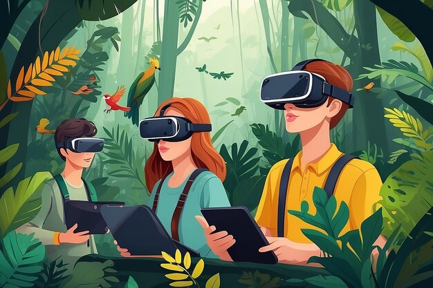 Foto creare un'immagine di studenti che usano cuffie vr per esplorare la biodiversità degli ecosistemi delle foreste pluviali illustrazione vettoriale in stile piatto