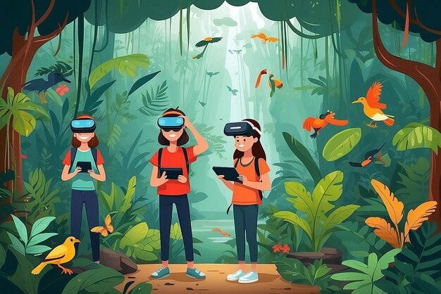 Foto creare un'immagine di studenti che usano cuffie vr per esplorare la biodiversità degli ecosistemi delle foreste pluviali illustrazione vettoriale in stile piatto