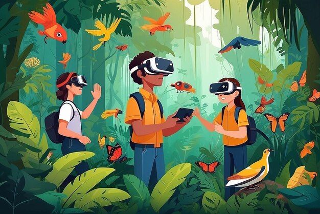 Photo craft an image of students using vr headsets to explore the biodiversity of rainforest ecosystems vector illustration in flat style