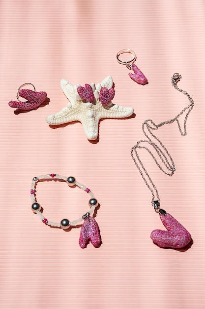 Craft jewelry set heart shaped made of painted coral