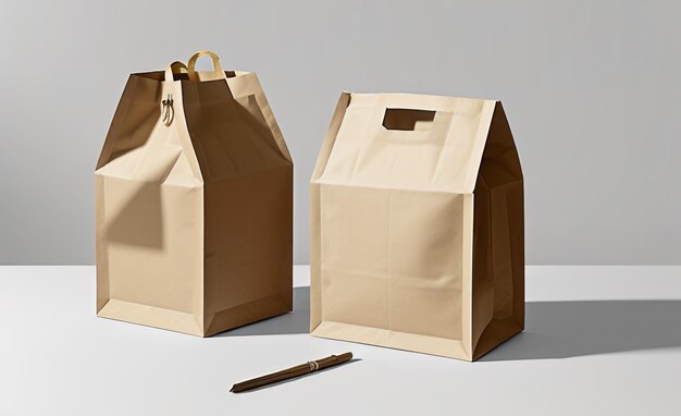 Photo craft paper bag mockup white table with realistic hard shadows