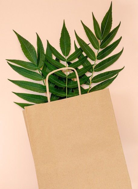 Photo craft paper bag mockup with green leaves on pink background