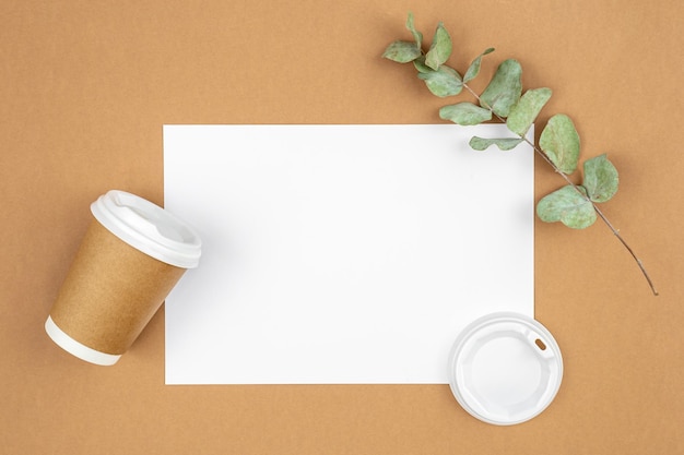 Photo craft paper coffee cup and eucalyptus sprig on eco background flat lay