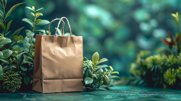 Craft paper eco bag on green background among plants