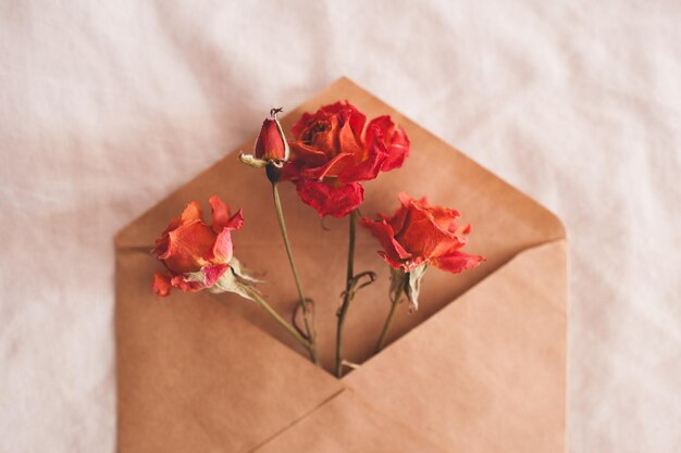 Craft paper envelope with dry red roses over white background closeup. Top view. Snail mail.