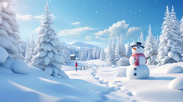 Craft a scene featuring a snowman surrounded by a snowy landscape on a white background