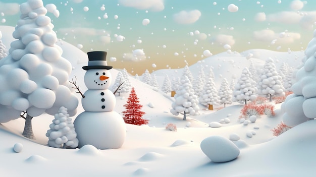 Craft a scene featuring a snowman surrounded by a snowy landscape on a white background