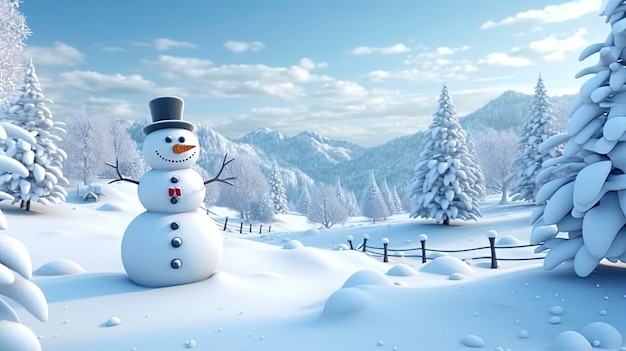 Создайте сцену со снеговиком, окруженным заснеженным пейзажем на белом фоне.