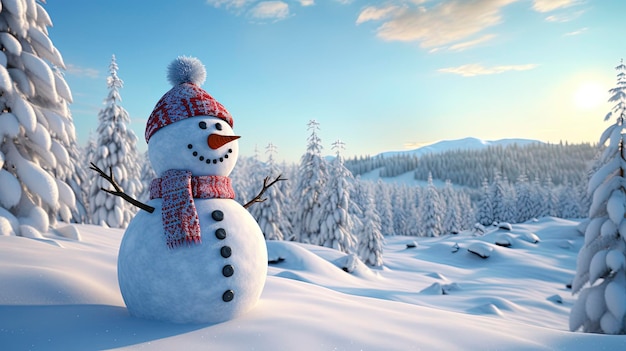 Craft a scene featuring a snowman surrounded by a snowy landscape on a white background