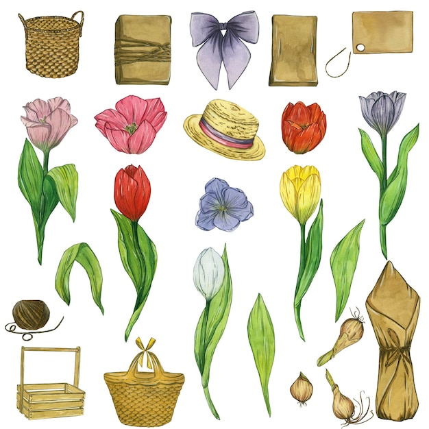 Photo craft set with tulips packages tag and bow watercolor illustration