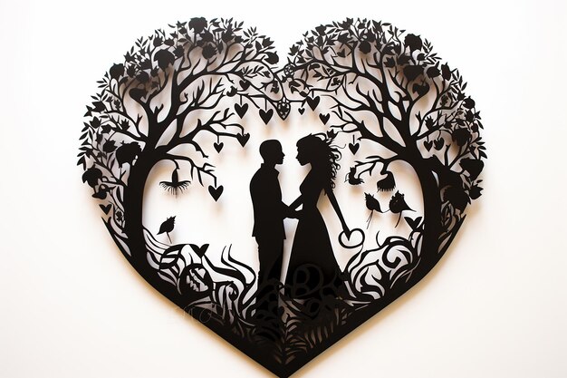 Photo craft silhouette couple inside heart frame with pattern on isolated background