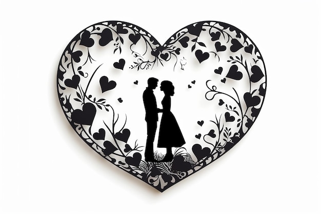 Foto silhouette di coppia artigianale all'interno di una cornice a cuore con un disegno su uno sfondo isolato
