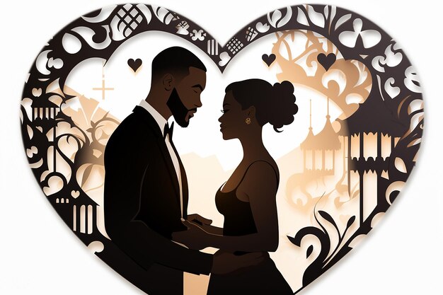 Craft silhouette couple inside heart frame with pattern on isolated background