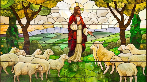 Сделайте витраж, изображающий Иисуса как Доброго Пастуха, окруженного стадом овец, используя мягкую зелень для пастбища и успокаивающую палитру для чувства защиты и заботы